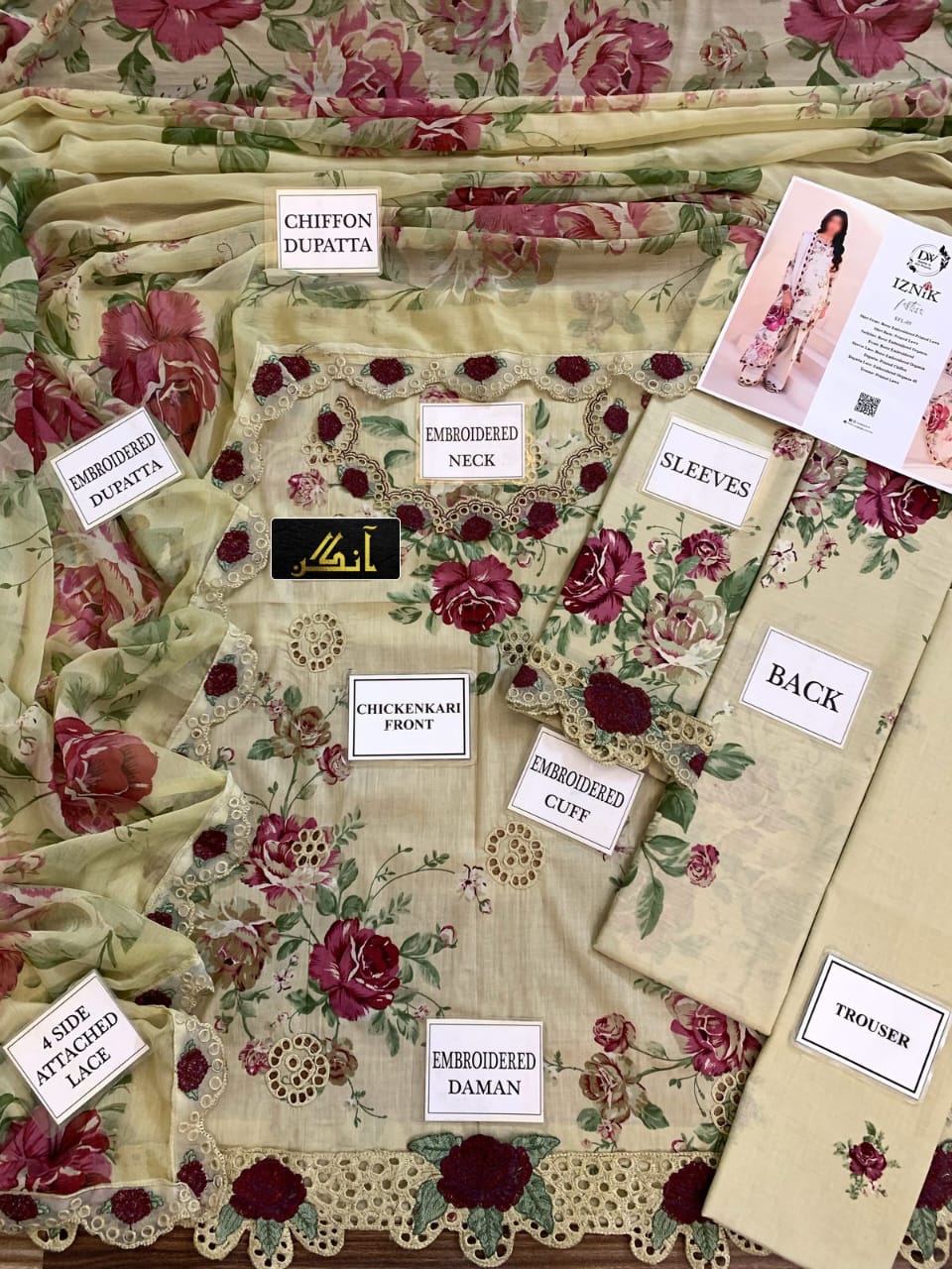 BRAND:IZNIIK lawn:Chikankari embriodered luxury unstiched 3pc