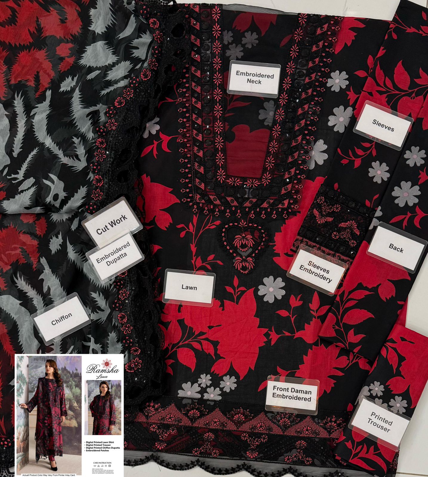 BRAND:RAMSBHA lawn embroidered patch work unstitced 3pc