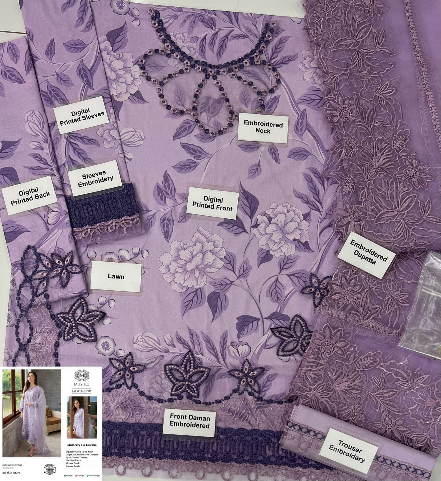 BRAND:MUSHQ lawn printed embroidered patch-work unstitced 3pc