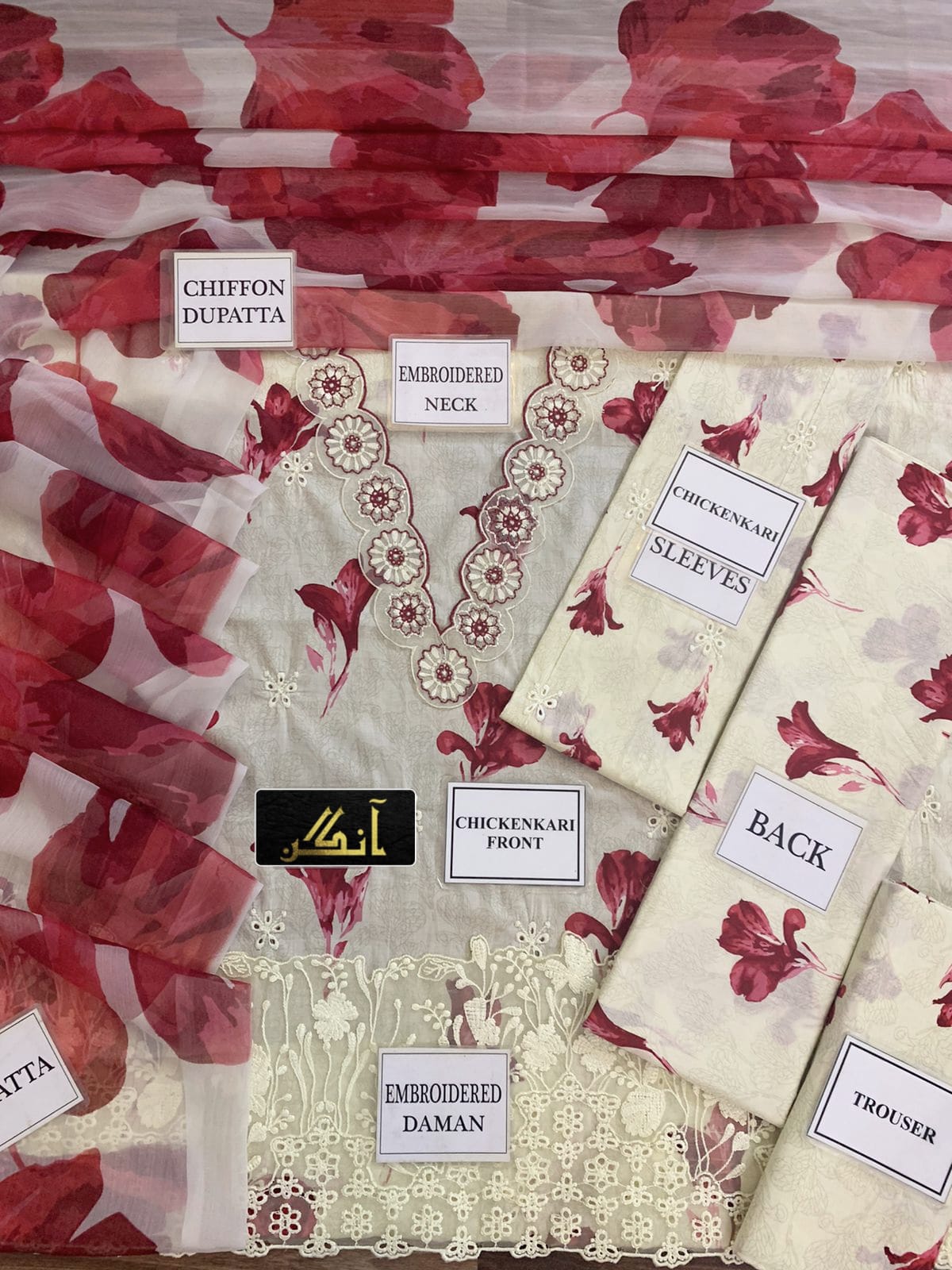 BRAND:IZNIK lawn chikankari embriodered luxury patch work unstitced 3pc