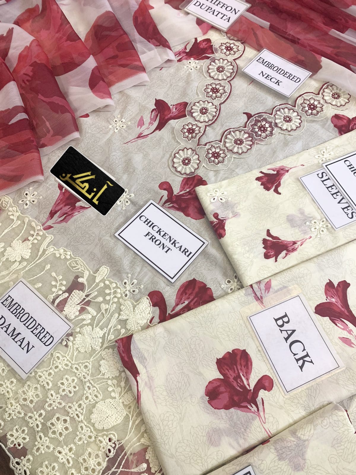 BRAND:IZNIK lawn chikankari embriodered luxury patch work unstitced 3pc
