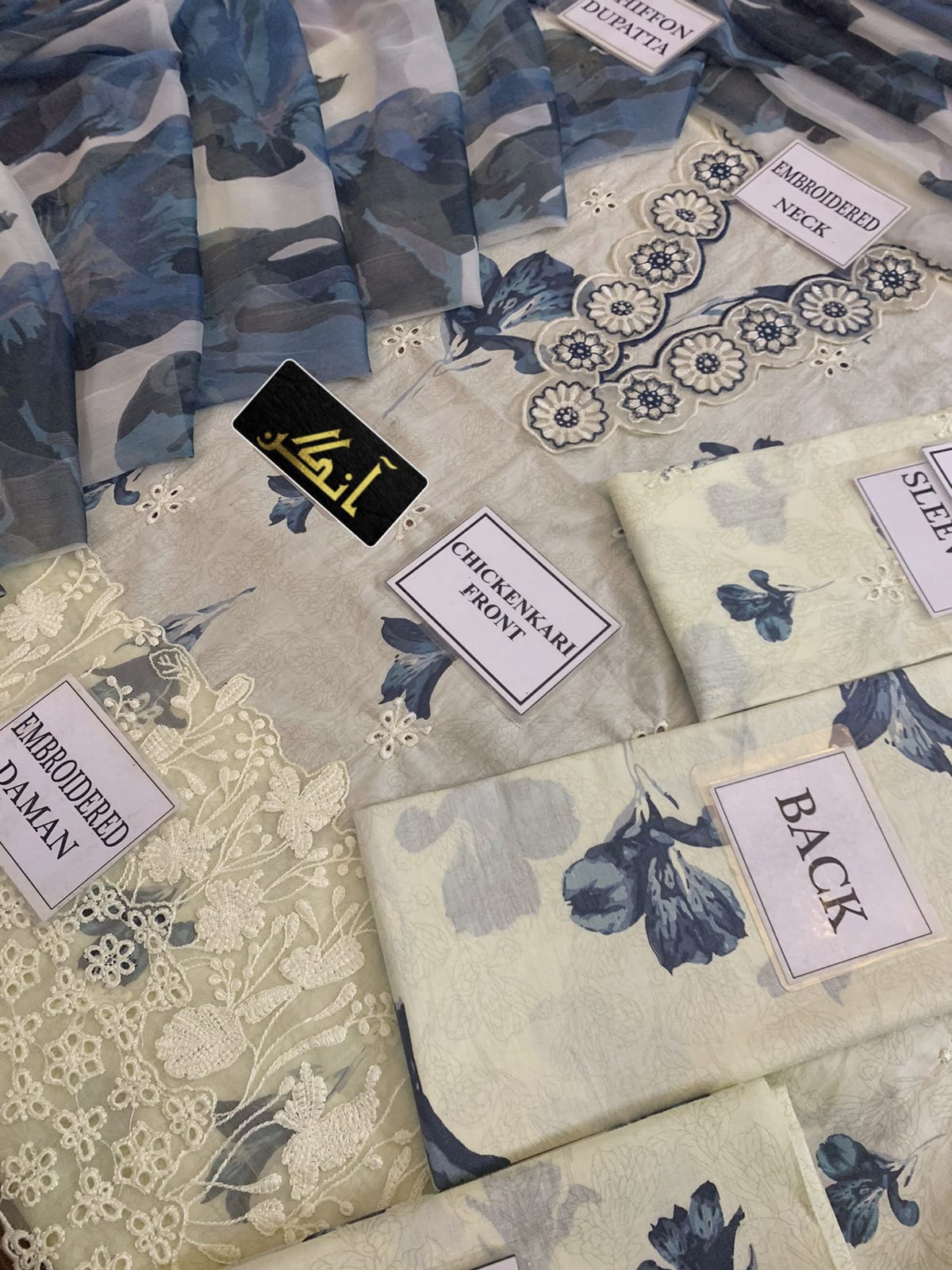 BRAND:IZNIK lawn chikankari embriodered luxury patch work unstitced 3pc