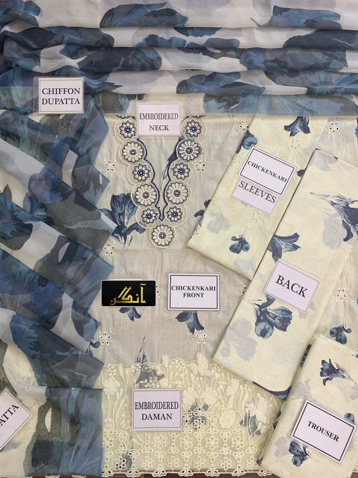 BRAND:IZNIK lawn chikankari embriodered luxury patch work unstitced 3pc