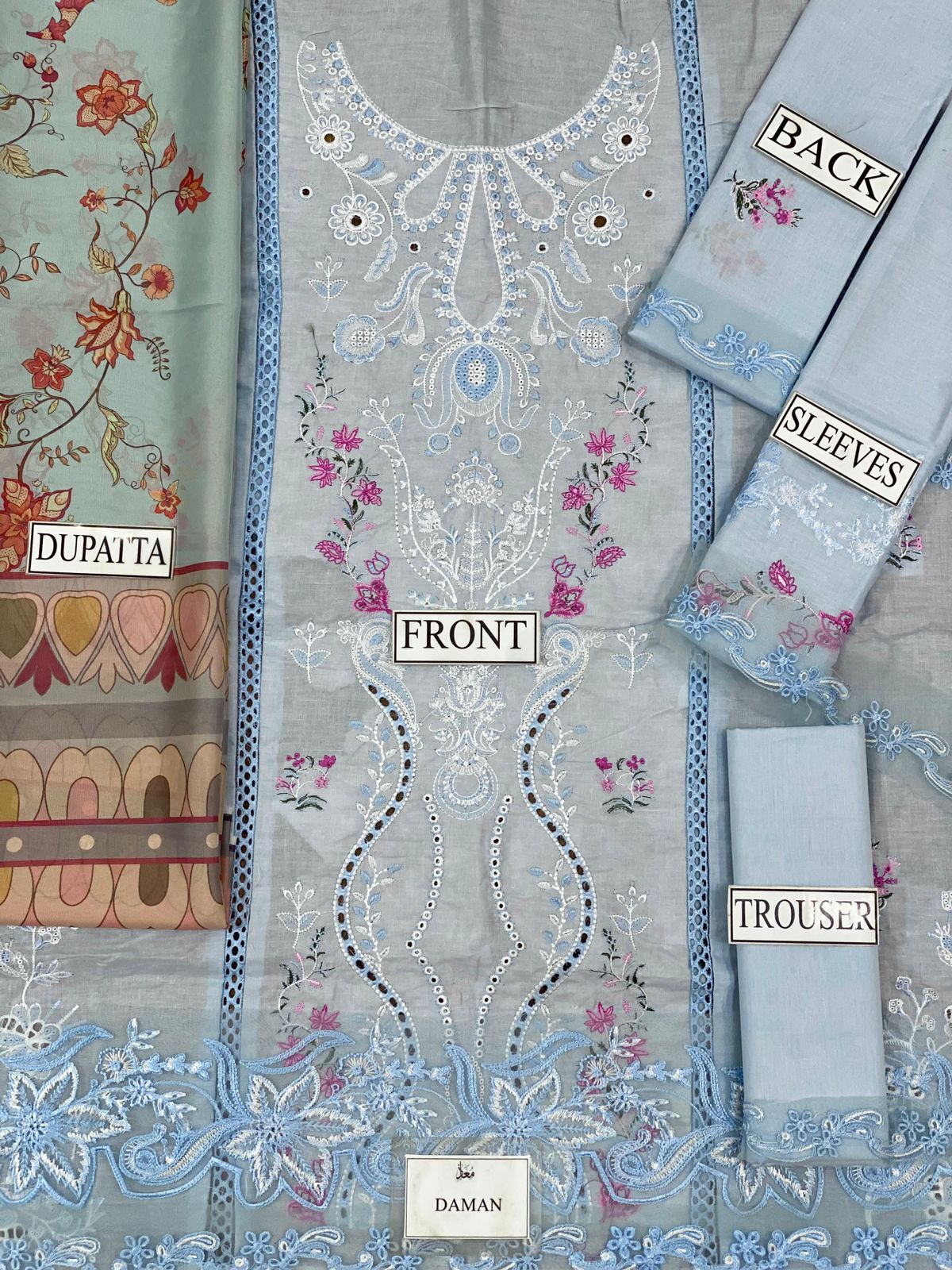 BRAND:QALAMQAR chikankari embriodered luxury cotton unstitced 3pc