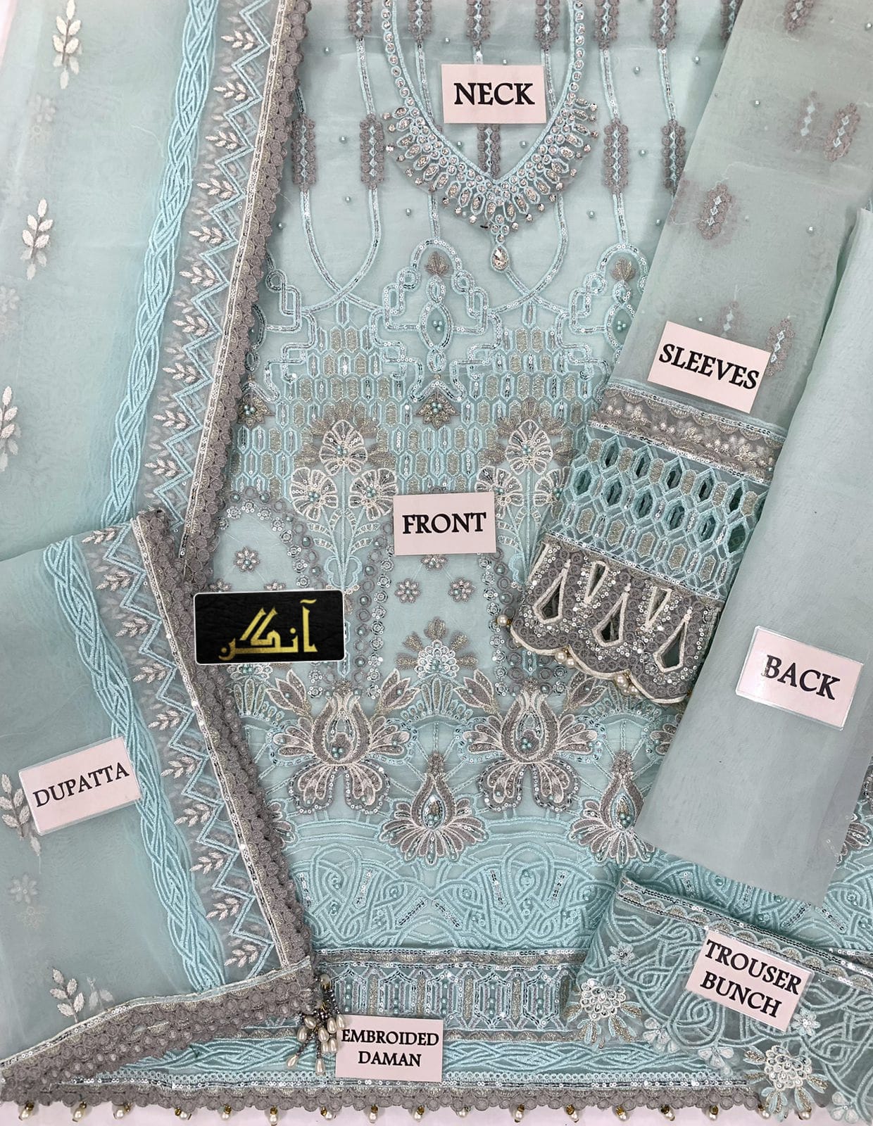 BRAND:FLOSSIE organza embroidered cutwork adda work luxury unstitched 3pc