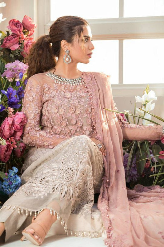 BRAND:MARIA.B chiffon embroidered & 3d working luxury unstiched 3pc