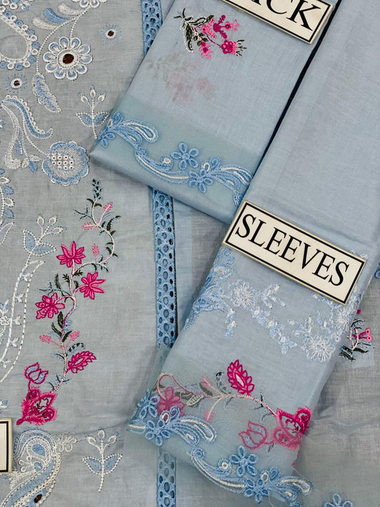 BRAND:QALAMQAR chikankari embriodered luxury cotton unstitced 3pc