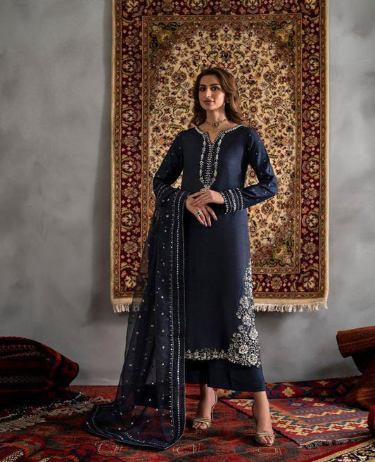 BRAMD:IZNIK shamooz silk embroidered hand embellished luxury unstitched 3pc✓